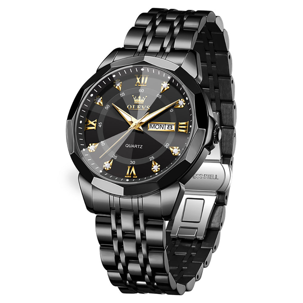 All Black faceted glass day date quartz watch - OLEVS 3759