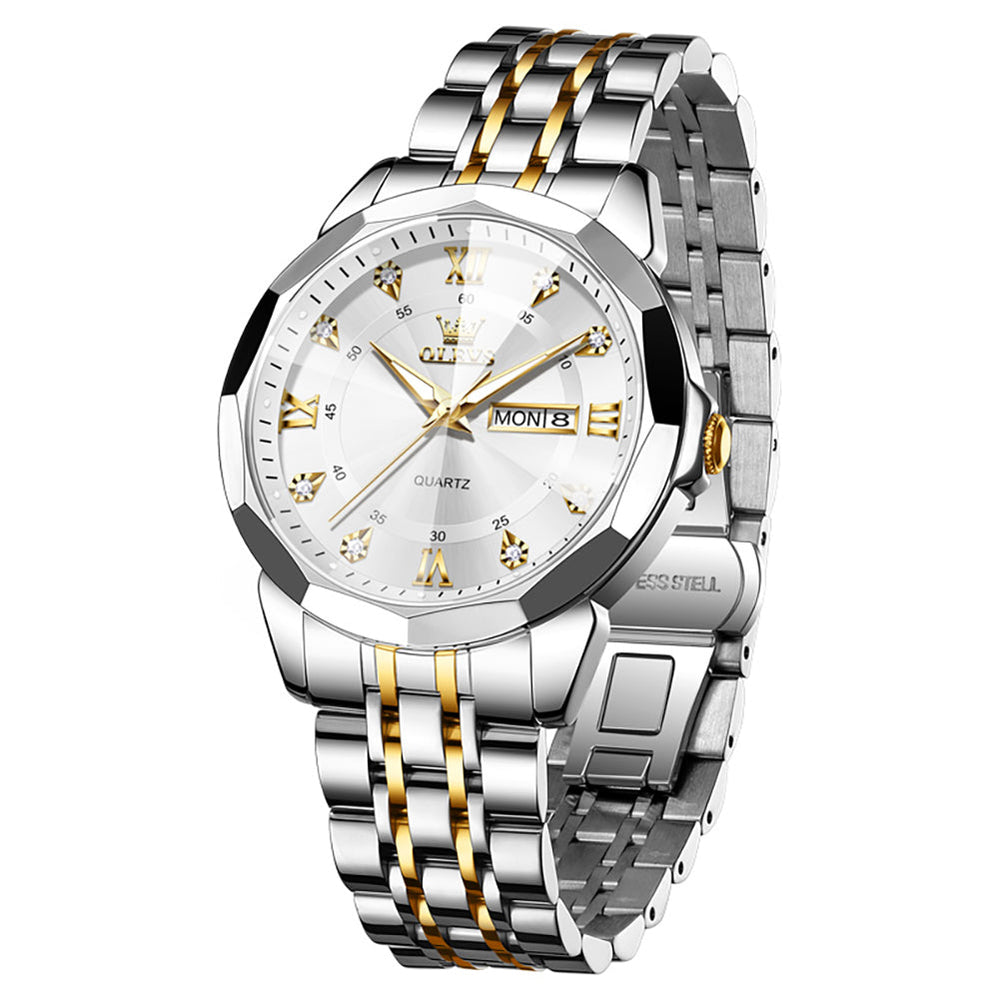 Gold White faceted glass day date quartz watch - OLEVS 3759