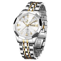 Gold White faceted glass day date quartz watch - OLEVS 3759