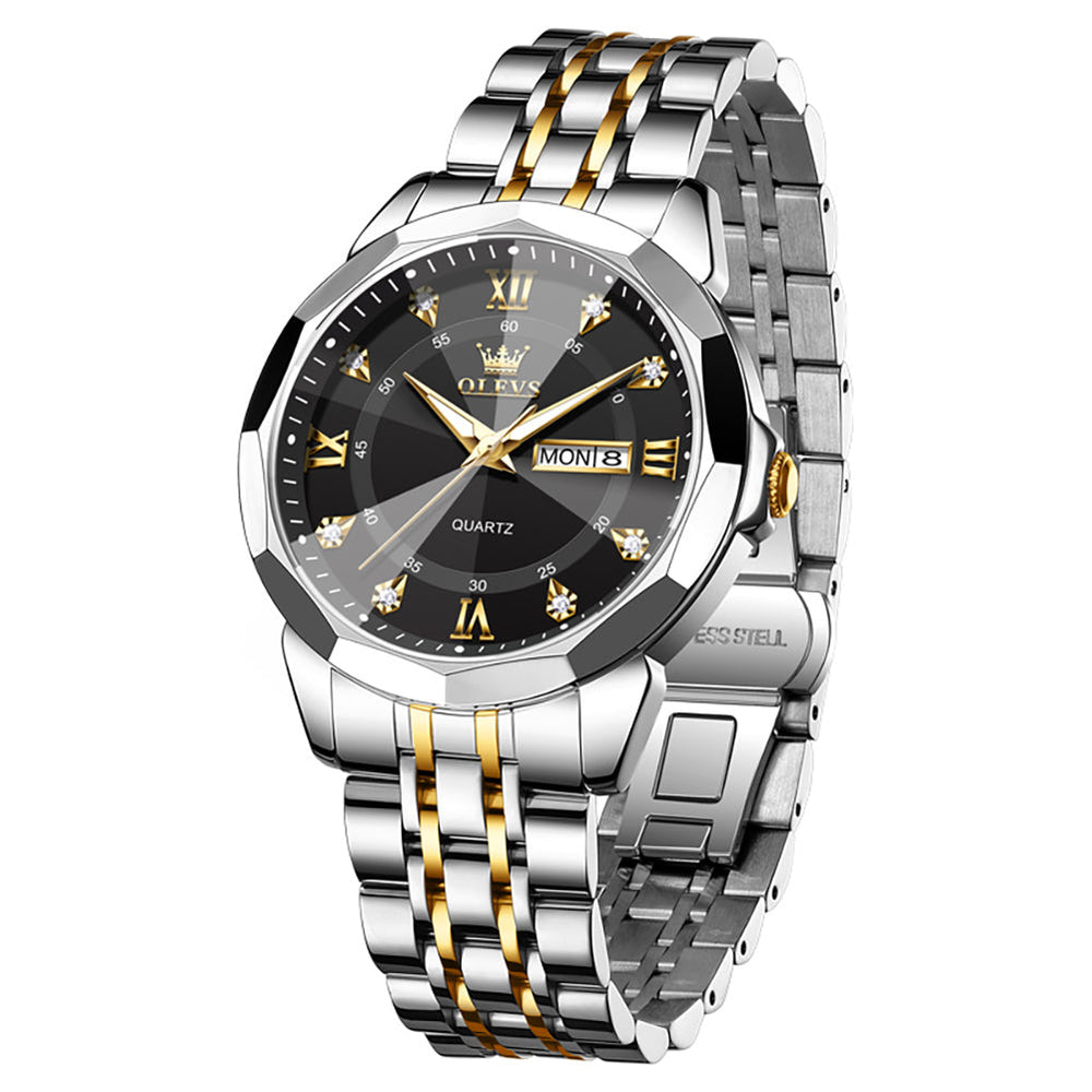 Gold Black faceted glass day date quartz watch - OLEVS 3759
