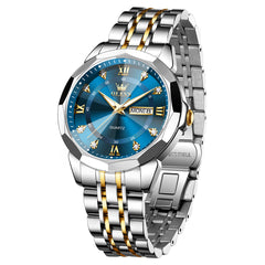 Gold Blue faceted glass day date quartz watch - OLEVS 3759