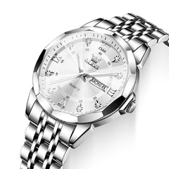 Silver White faceted glass day date quartz watch dial close up - OLEVS 3759