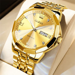 OLEVS 3D Diamond Cut Mirror Automatic Mechanical Watch 9982 Day Date for Men - All Gold Watch | Olevs Watch Store