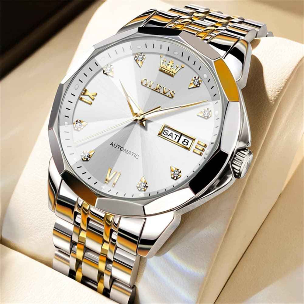 OLEVS 9982 – Men's 3D Diamond Cut Mirror Automatic Mechanical Watch Day Date