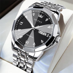 OLEVS 3D Diamond Cut Mirror Automatic Mechanical Watch 9982 Day Date for Men - Silver Black Watch | Olevs Watch Store