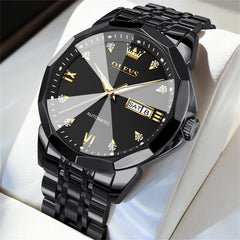 OLEVS 3D Diamond Cut Mirror Automatic Mechanical Watch 9982 Day Date for Men - All Black Watch | Olevs Watch Store