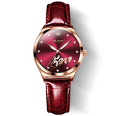 OLEVS 5581 Love Motif Diamond Watch Rose Gold Leather Strap Romantic Gift Timepiece for Women - Olevs Watch Store