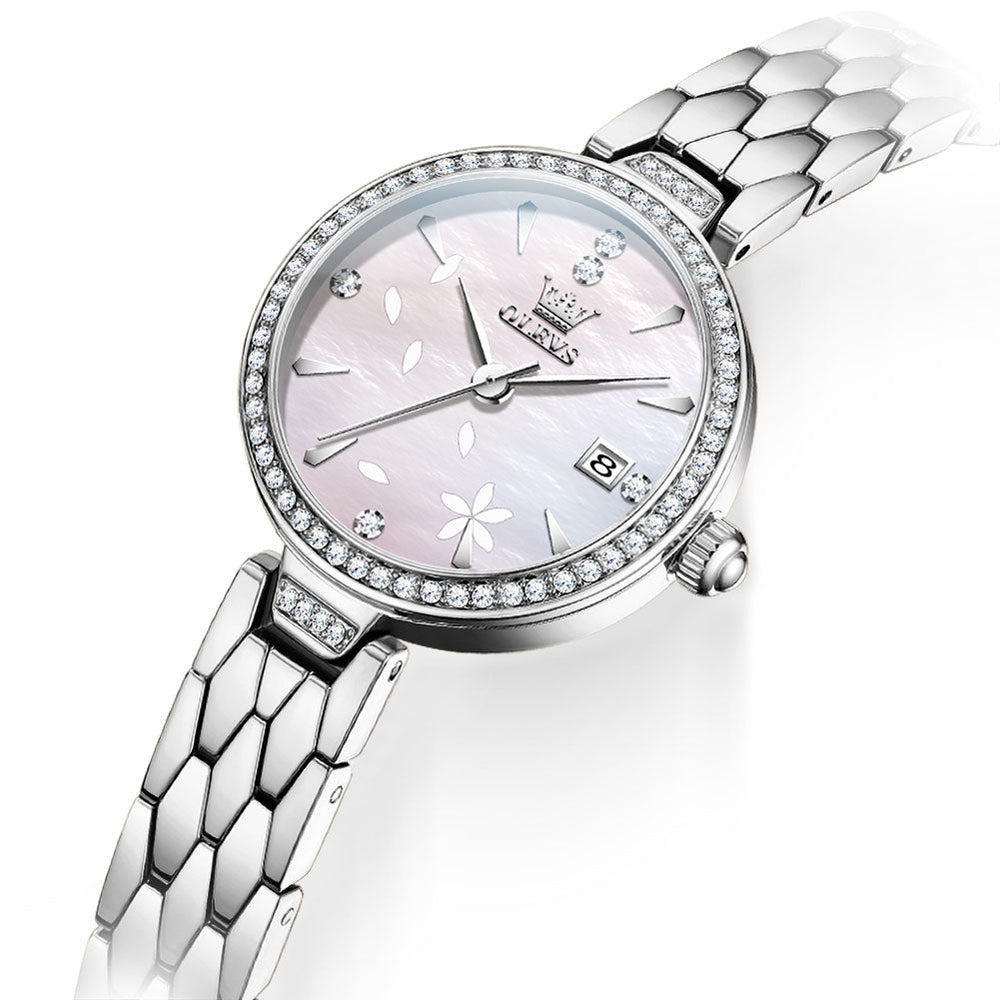 Silver White floral dial close-up - OLEVS 5689