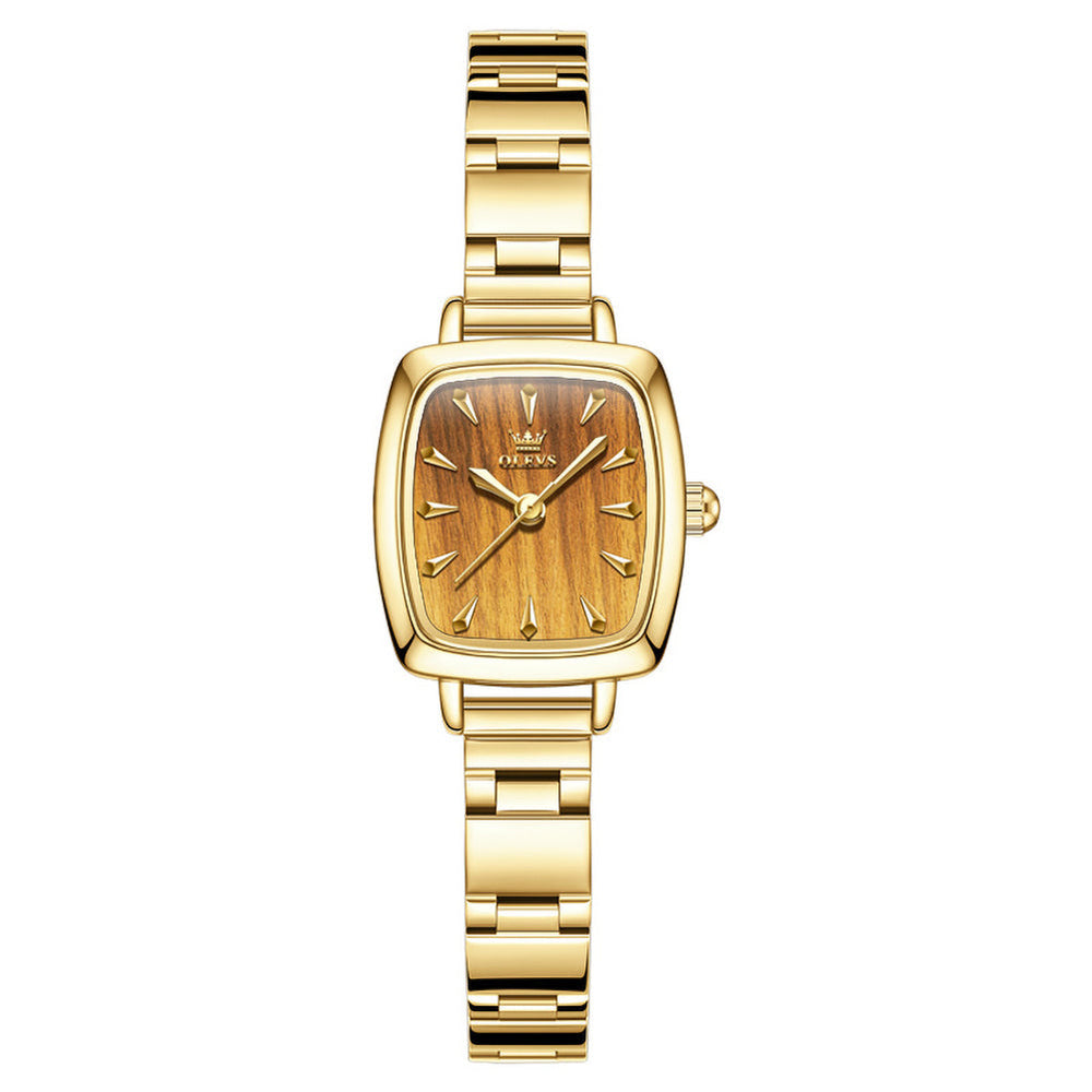 Gold tone bracelet with brown woodgrain pattern dial - OLEVS 5695