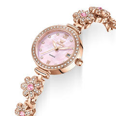 pink dial and sparkling floral bracelet close up - OLEVS 5699