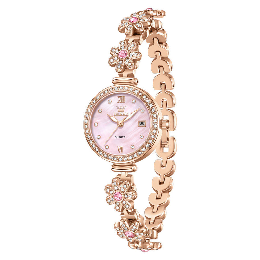 rose gold pink floral bracelet watch front view - OLEVS 5699