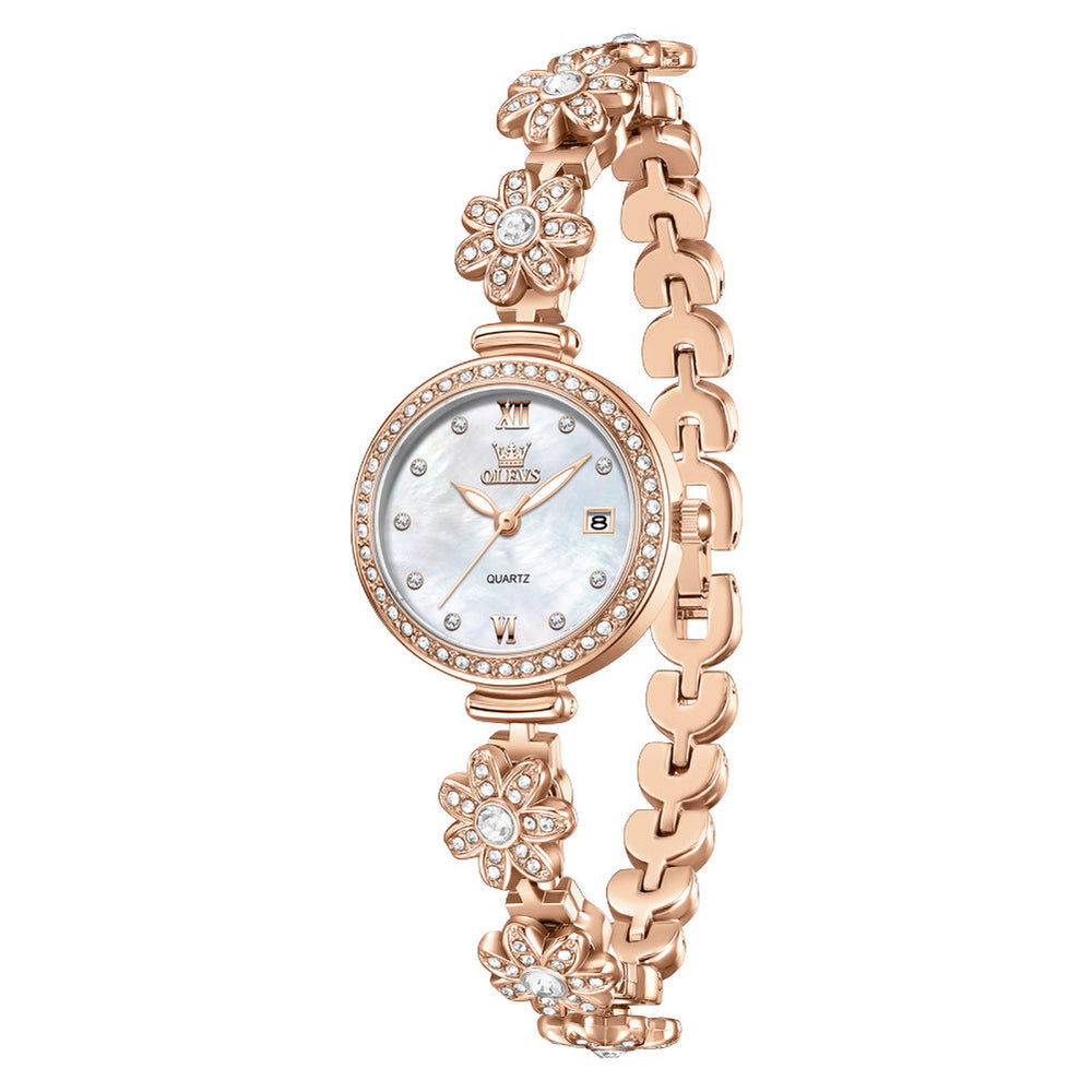 rose gold white floral bracelet watch front view - OLEVS 5699