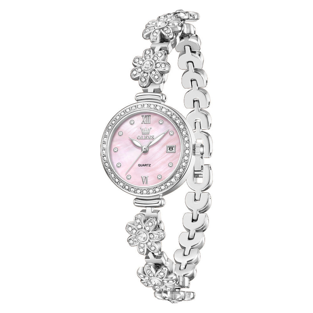 silver pink floral bracelet watch front view - OLEVS 5699