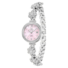 silver pink floral bracelet watch front view - OLEVS 5699