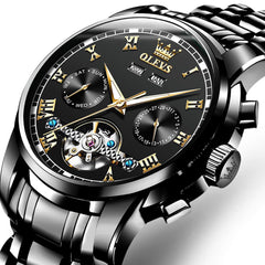 OLEVS 6607 Classic Open Heart Automatic Mechanical Watch for Men - All Black Watch | Olevs Watch Store