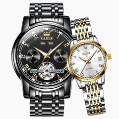 OLEVS 6607 Open Heart Automatic Mechanical Couple Watch Set - Mixed Black Silver Gold Watch | Olevs Watch Store