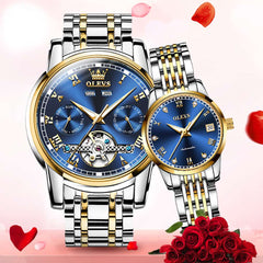 OLEVS 6607 Open Heart Automatic Mechanical Couple Watch Set - Mixed Black Silver Gold Watch | Olevs Watch Store
