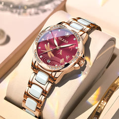OLEVS 6610 Automatic Mechanical Ceramic Dragonfly Watch for Women - Rose Gold Red Watch | Olevs Watch Store