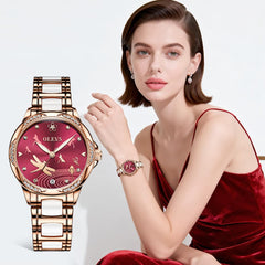 OLEVS 6610 Automatic Mechanical Ceramic Dragonfly Watch for Women - Rose Gold Red Watch | Olevs Watch Store