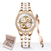 OLEVS 6612 Automatic Skeleton Four Leaf Clover Watch Set for Women - Rose Gold White Ceramic Set Watch | Olevs Watch Store