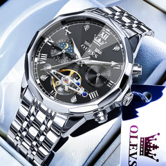 OLEVS 6620 Skeleton Moon Phase Mechanical Watch for Men - Silver White Watch | Olevs Watch Store