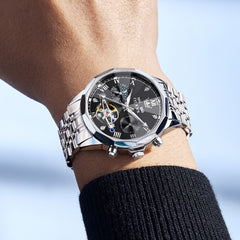 OLEVS 6620 Skeleton Moon Phase Mechanical Watch for Men - Silver White Watch | Olevs Watch Store