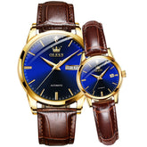 OLEVS 6629 Minimalist Mechanical Couple Watches Set - Gold Blue Watch | Olevs Watch Store