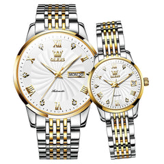 OLEVS 6630 Sunburst Mechanical Couple Watches Set - Two Tone White Watch | Olevs Watch Store