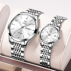 OLEVS 6632 Stainless Steel Automatic Mechanical Couple Watches - Silver White Watch | Olevs Watch Store