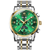 OLEVS 6633 Stainless Steel Mechanical Moon Phase Watch for Men - Gold Green Watch | Olevs Watch Store