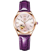 OLEVS 6636 Leather Skeleton Mechanical Watch for Women - Purple Leather Watch | Olevs Watch Store