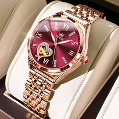 OLEVS 6636 Leather Skeleton Mechanical Watch for Women - Rose Gold Red Watch | Olevs Watch Store