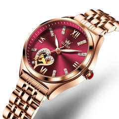 OLEVS 6636 Leather Skeleton Mechanical Watch for Women - Rose Gold Red Watch | Olevs Watch Store