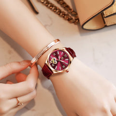 OLEVS 6636 Leather Skeleton Mechanical Watch for Women - Rose Gold Red Watch | Olevs Watch Store