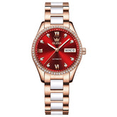 OLEVS 6637 Ceramic Automatic Mechanical Watch for Women - Ceramic Red Watch | Olevs Watch Store
