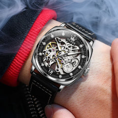 OLEVS 6651 Tonneau Skeleton Mechanical Watch for Men - Silver White Watch | Olevs Watch Store