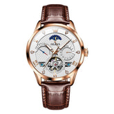 OLEVS 6652 Leather Mechanical Moon Phase Watch for Men - Rose Gold White Watch | Olevs Watch Store