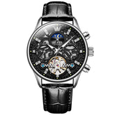 OLEVS 6658 Leather Skeleton Moon Phase Watch for Men - Silver Black Watch | Olevs Watch Store