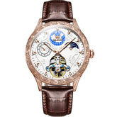 OLEVS 6660 Leather Globe Skeleton Mechanical Watch for Men - Rose Gold Brown Watch | Olevs Watch Store