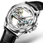 OLEVS 6661 Leather Skeleton Mechanical Watch for Men - Silver White Watch | Olevs Watch Store