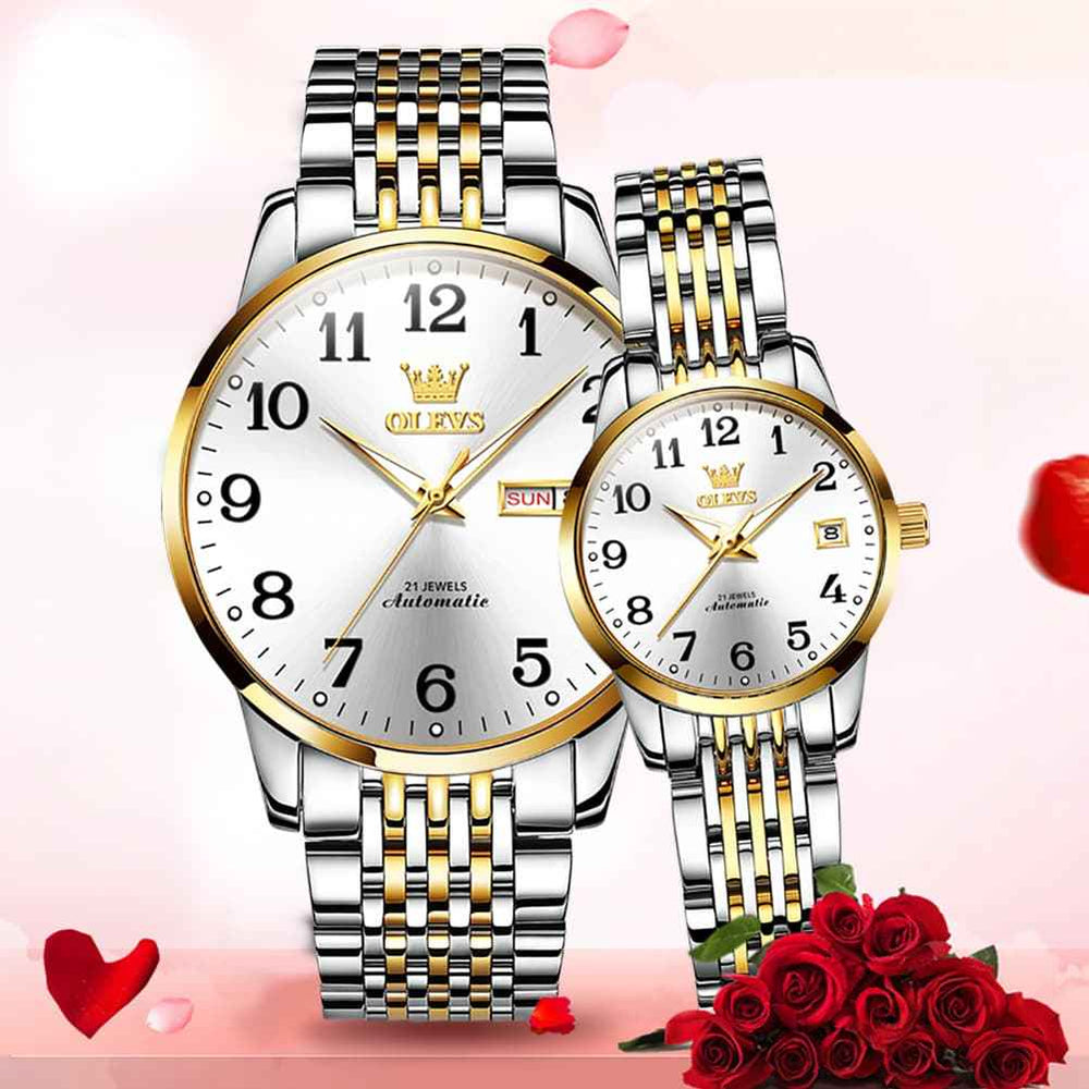 OLEVS 6666Q – Couples' Stainless Steel Mechanical Big Numeral Watches