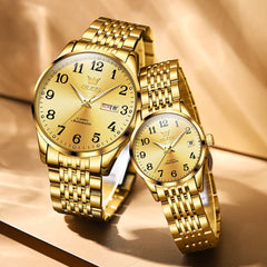 OLEVS 6666Q Stainless Steel Mechanical Big Numeral Couple Watches - All Gold Watch | Olevs Watch Store