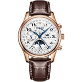 OLEVS 6667 Stainless Steel Mechanical Moon Phase Watch for Men - Leather Rose Gold White Watch | Olevs Watch Store