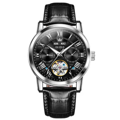 OLEVS 6668 Stainless Steel Mechanical Multifunction Watch for Men - Leather Silver Black Watch | Olevs Watch Store