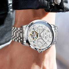 OLEVS 6668 Stainless Steel Mechanical Multifunction Watch for Men - Leather Silver Black Watch | Olevs Watch Store