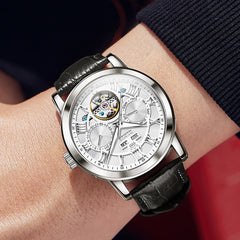 OLEVS 6668 Stainless Steel Mechanical Multifunction Watch for Men - Leather Silver Black Watch | Olevs Watch Store