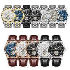 OLEVS 6668 Stainless Steel Mechanical Multifunction Watch for Men - Leather Silver Black Watch | Olevs Watch Store