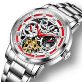 OLEVS 6670 Stainless Steel Skeleton Mechanical Watch for Men - Silver Red Watch | Olevs Watch Store