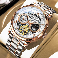 OLEVS 6670 Stainless Steel Skeleton Mechanical Watch for Men - Two-Tone White Watch | Olevs Watch Store