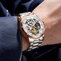OLEVS 6670 Stainless Steel Skeleton Mechanical Watch for Men - Two-Tone White Watch | Olevs Watch Store